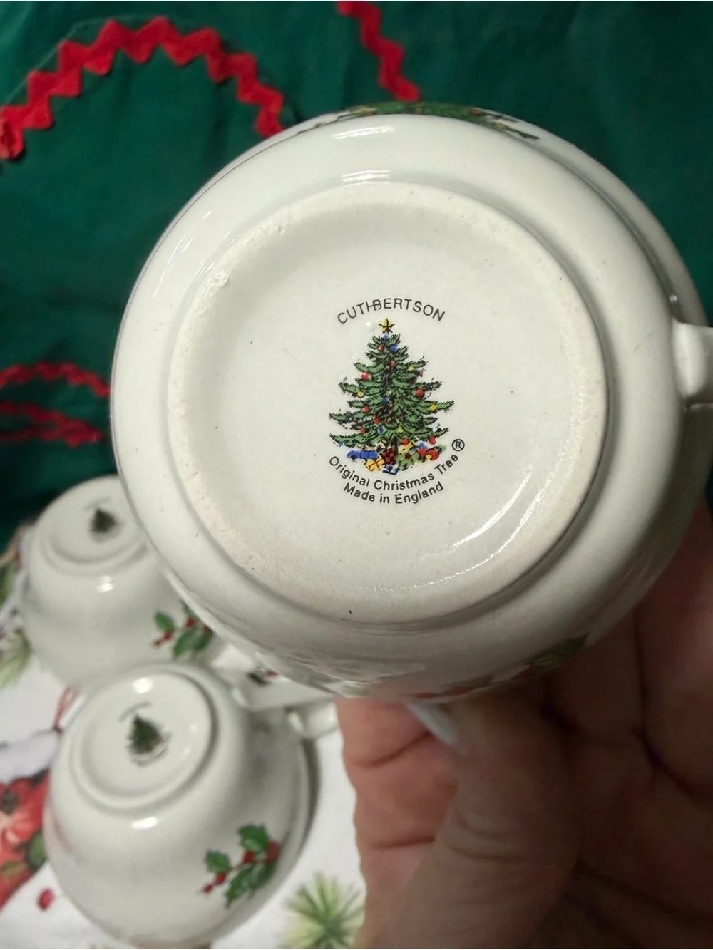 Holiday Holly Ceramic Teacup - White with Green and Red Holly - Cuthbertsone